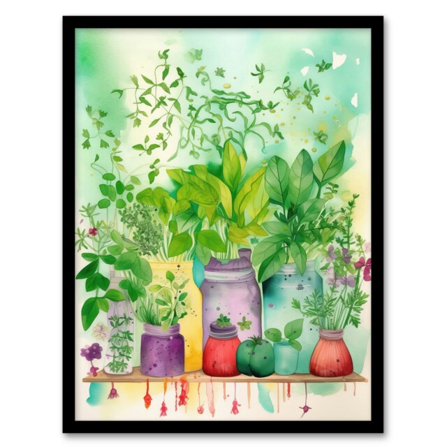 Herb Shelf Folk Art Watercolour Bright Kitchen Black Framed Wall Art Print A4