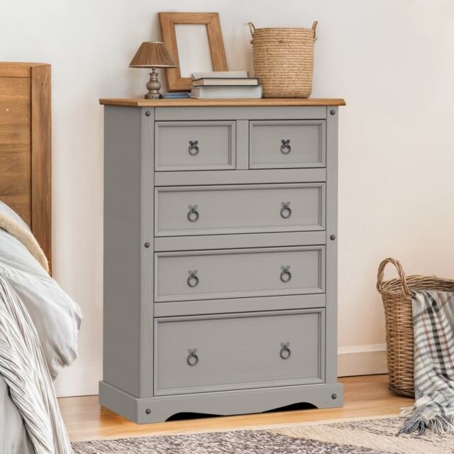 Mercers Furniture Corona Grey Wax Compact 2+3 Chest of 5 Drawers Solid Wood Pine Wooden Bedroom with Mexican Styling