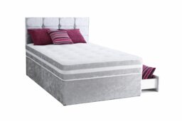 4ft6 Double Silver Crushed Velvet Divan Bed Set Orthopaedic Mattress with Cube Headboard No Drawers