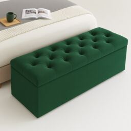 150cm Chesterfield Ottoman Storage Box, Forest Green Plush Velvet Upholstered Blanket Box, End of Bed Bench, Deep Storage Chest