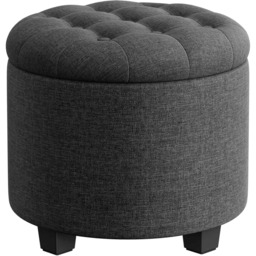Round Storage Ottoman with Legs, Linen Look Foot Rest Stool for Living Room and Bedroom, Dark Grey