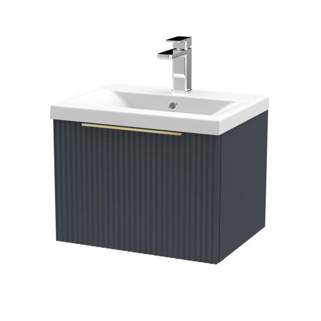 Balterley Fluted Front Wall Hung Single Drawer Bathroom Vanity Unit with 1 Tap Hole Basin, Handles Grey Soft Black