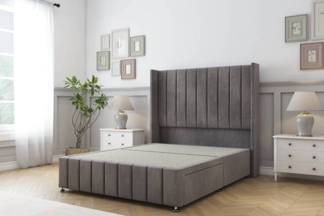 Sloomy Melbourne Slate Naples Divan Bed Base No Drawers With 54 Inch Wingback Headboard & 12 Inch Matching Footboard Grey Slate Super King 1