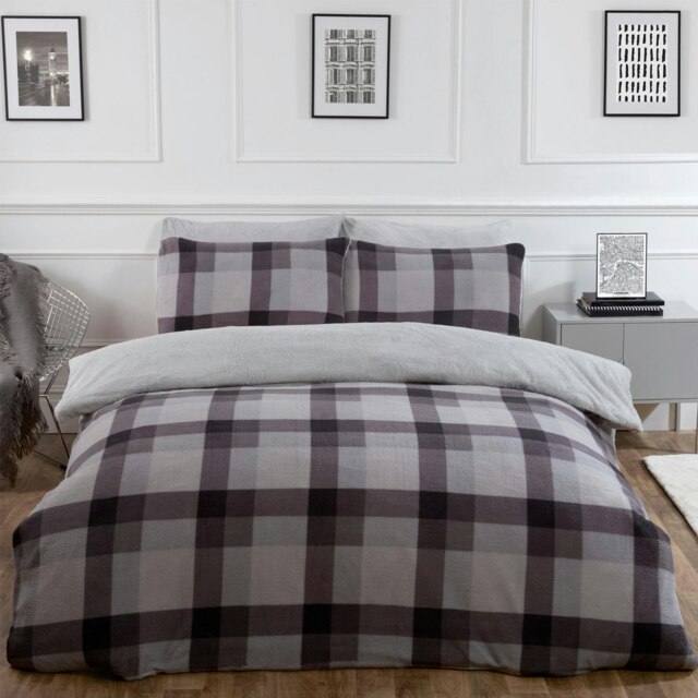 OHS Check Print Teddy Fleece Duver Cover and Pillowcase Set, King - Grey