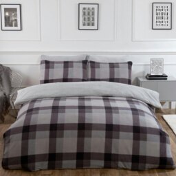 OHS Check Print Teddy Fleece Duver Cover and Pillowcase Set, King - Grey
