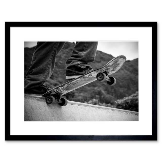 "Skateboarder Drop In Ramp Black White Skateboarding 9x7"" Black Framed Wall Art Print"