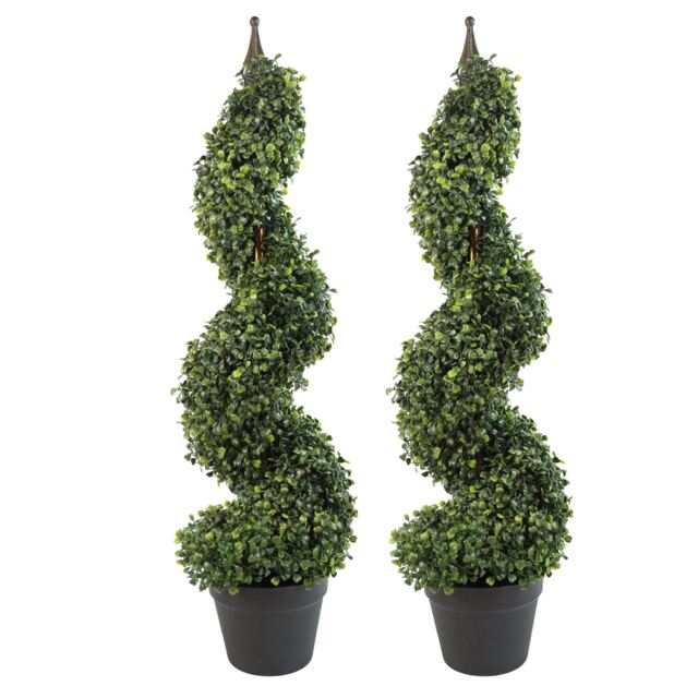 Pair 90cm Tall Artificial Boxwood Tower Trees Topiary Spiral Green 3ft