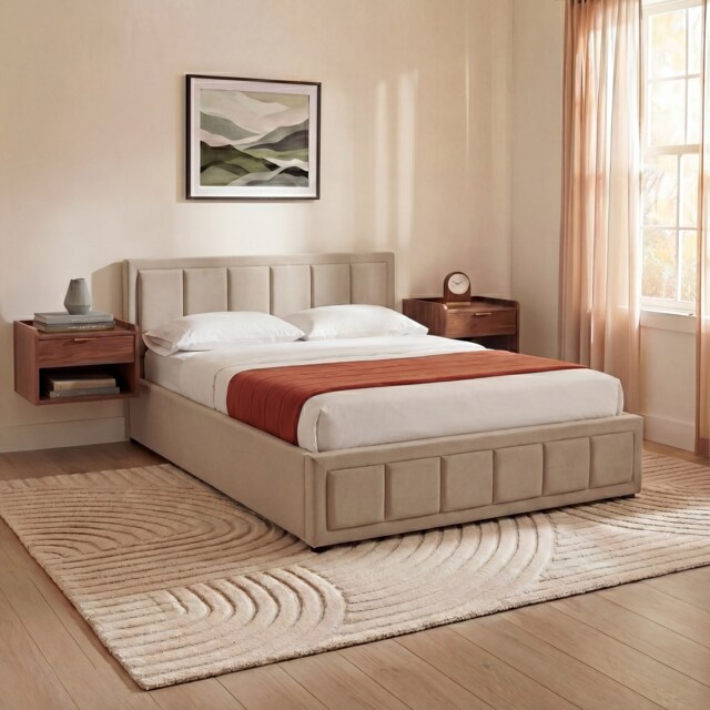 Vida Designs Vanita King Ottoman Lift Up Storage Space Fabric Bed Frame, Beige