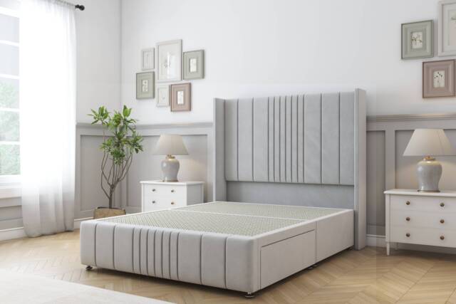 Sloomy Hargrave Silver Plush Divan Bed Base No Drawers With 54 Inch Wingback Headboard & 12 Inch Matching Footboard Silver Silver Double 1