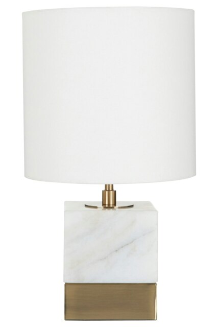 Interiors by Premier White Marble Accent Lamp With Cream Shade, Modern Table Lamp With Brass Finish Base, Marble Block Lamp