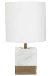 Orsina White Marble Accent Lamp With Cream Shade, Modern Table Lamp With Brass Finish Base, Marble Block Lamp