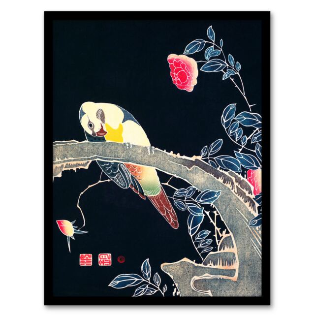 Ito Jakuchu Framed Wall Art Print Parrot on Rose Flower Bush Japanese Home Décor