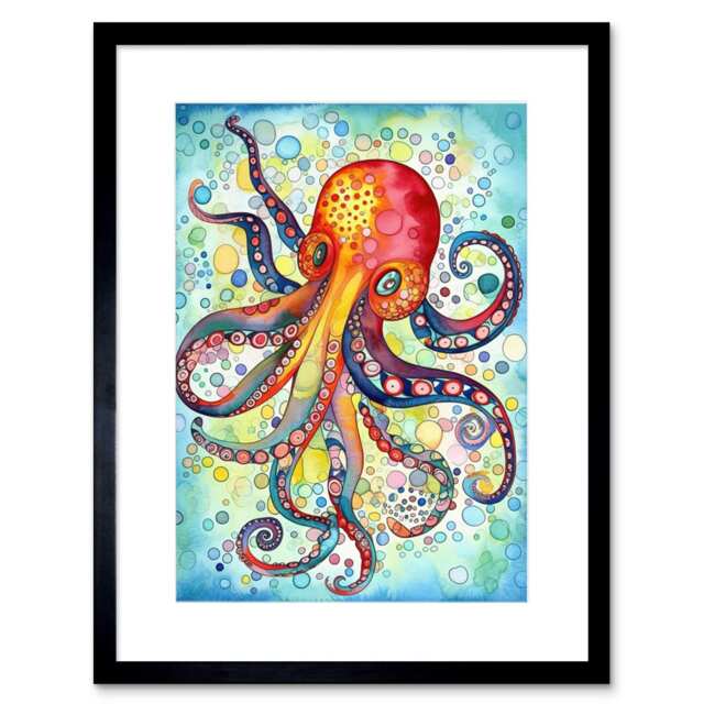 "Octopus Swimming Air Bubbles Folk Art Watercolour 9x7"" Black Framed Wall Art Print"