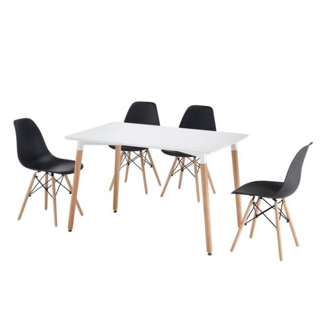 5 Piece Rectangular Dining Set White Table Top With Black Chairs