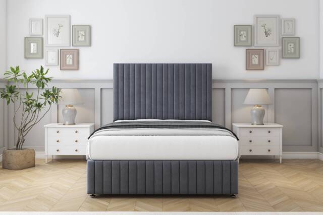 "Sloomy Madison Steel Plush Divan Bed With Mattress No Drawers With 54"" Floor Standing Headboard & 12"" Matching Footboard 4'6 Double Grey Steel Double 1"