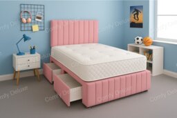 Pink Plush 2ft6 Small Single Divan Bed Set Headboard & Footboard - 2 Drawers Left Side Laying in Bed