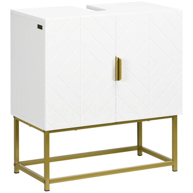 kleankin Modern Bathroom Sink Cabinet, Freestanding Under Sink Storage Cabinet, Space Saving Wooden Basin Cupboard with 2 Doors and Gold Steel Legs, 60 x 30 x 65 cm, White White White