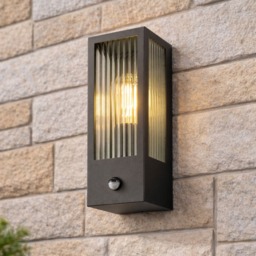 CGC Lighting STELLA Bevelled Glass Black E27 Outdoor Wall Light with PIR Sensor Black Black