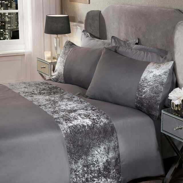 OHS Crushed Velvet Panel Duvet Cover and Pillowcase Set, King - Silver