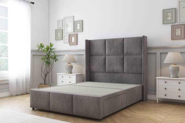Sloomy Beaumont Slate Naples Divan Bed Base No Drawers With 54 Inch Wingback Headboard & 12 Inch Matching Footboard Grey Slate Small Single 1