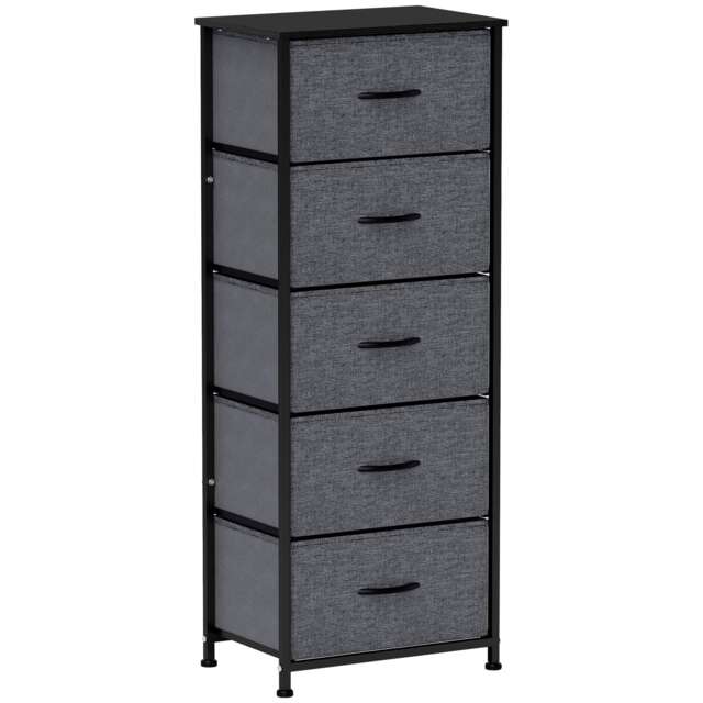 HOMCOM Fabric Chest of Drawers, Industrial Bedroom Dresser with 5 Fabric Drawers, Steel Frame and Wooden Top for Nursery, Living Room, Hallway, Dark Grey Grey Dark Grey