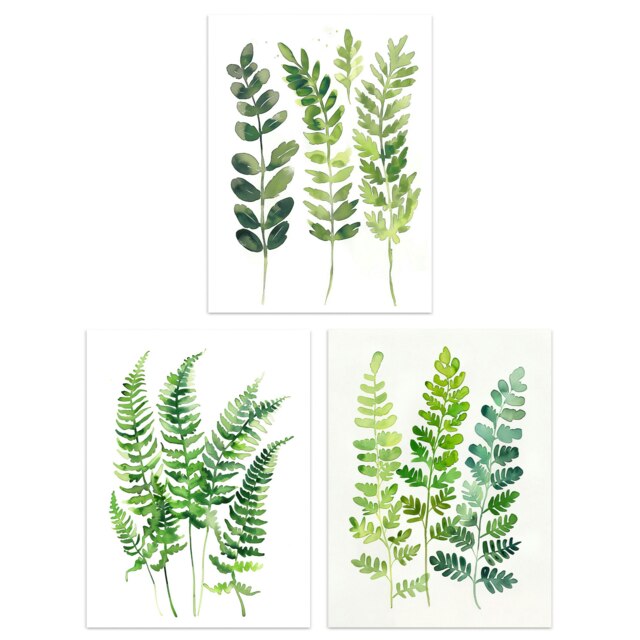 Set of 3 Fern Fronds Leaves Botanical Watercolour Living Room 12X16 Inch Wall Art Prints Pack