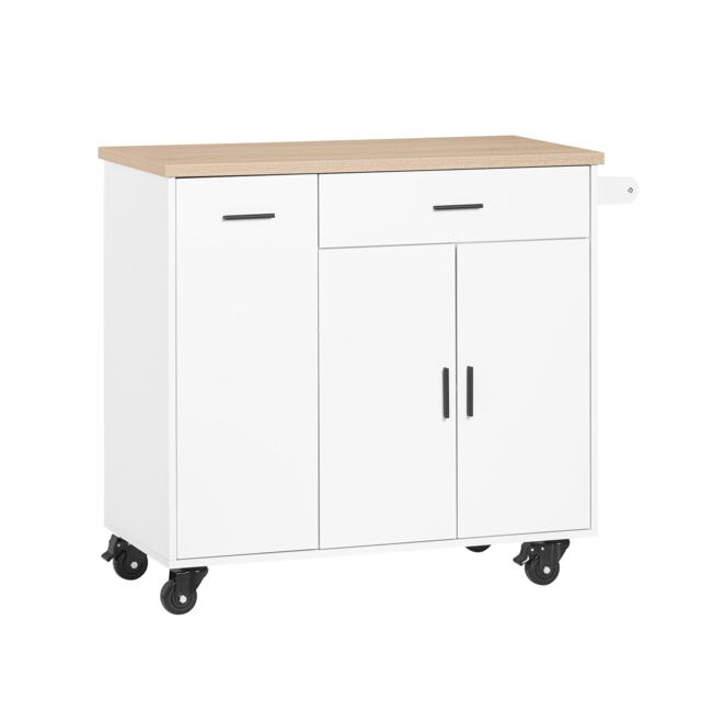 SoBuy Compact Kitchen Trolley with Drawers, Storage Cupboard & Towel Rail, White/Wood, 41.3x18.1x36.2 inches, 60.2 kg - FKW126-WN