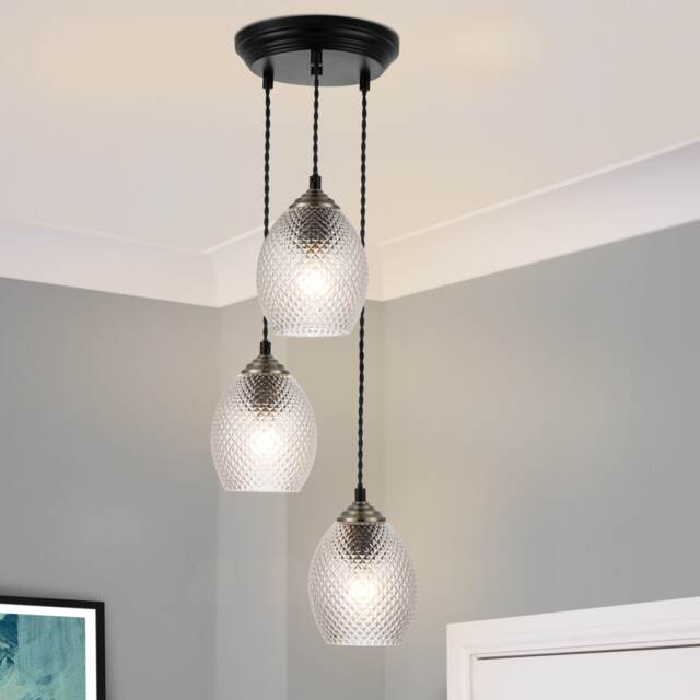 COSYLYTE Lorne 3 Light Modern Faceted Glass Pendant Light - Matt Black Base Silver 1