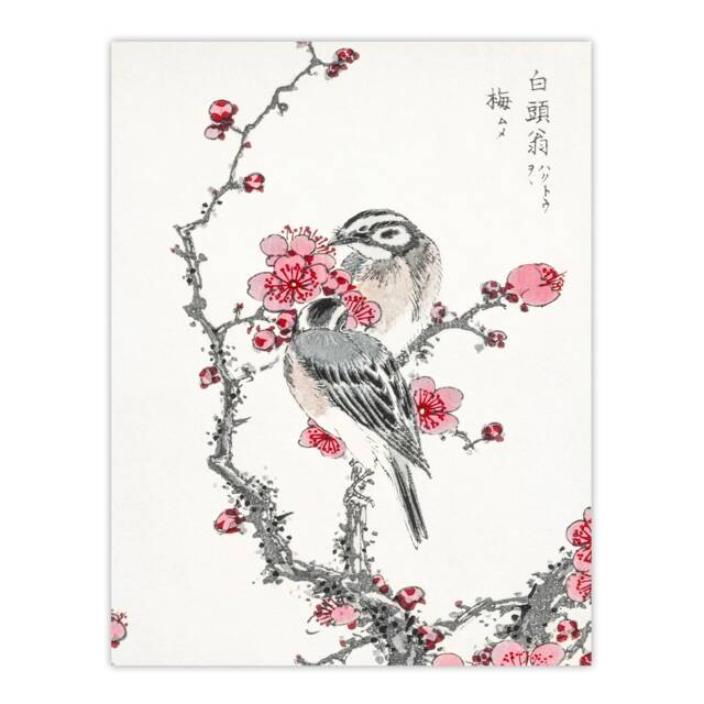 "Pine Bunting and Plum Tree Japanese Vintage Wall Art Print Kashu 12x16"""