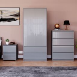 Vida Designs Glinton 3 Piece FSC Certified Bedroom Set (2 Drawer Bedside Chest, 4 Drawer Chest, 2 Door 2 Drawer Wardrobe), Grey Grey Grey L 3