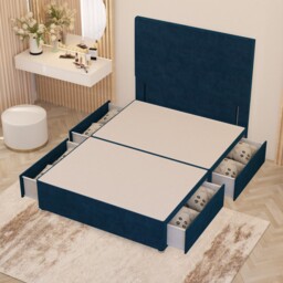 Divan Bed Base with 4 Drawers & Plain Floor Standing Headboard Plush Velvet Blue Navy