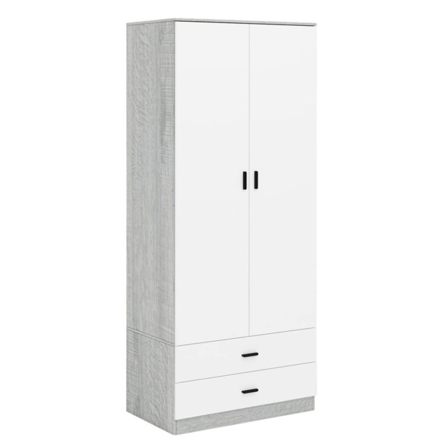 2-Door 2-Drawer Wardrobe with Storage Shelf, and Hanging Space - 180x75x46cm Grey Ash Grey & White 1