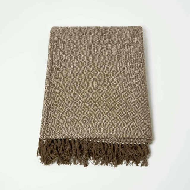Homescapes Malda Brown and Natural Cotton Throw with Tassels - 255 x 360 cm