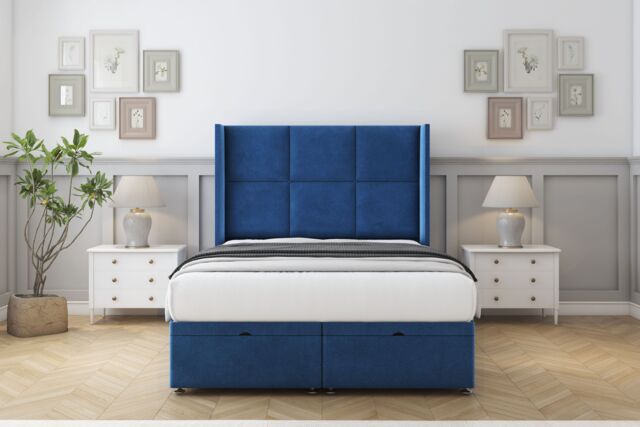 "Sloomy Beaumont Navy Plush Ottoman Bed Base With 54"" Wingback Headboard 2'6 Small Single Blue Navy Small Single 1"
