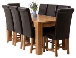 Kuba 180 x 90 cm Chunky Oak Dining Table and 8 Washington Leather Chairs Brown Brown