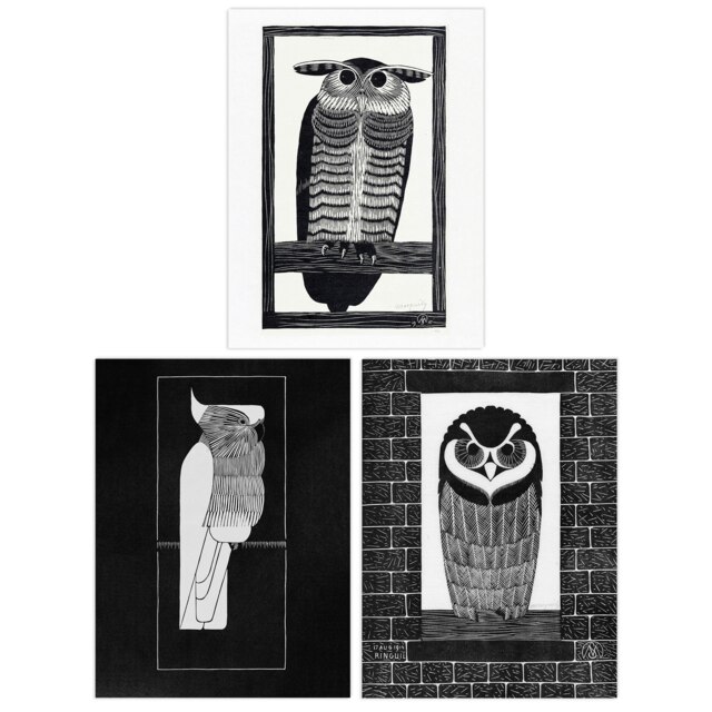 Set of 3 Julie de Graag Black White Graphic Linocut Owl Parrot Vintage Bird Wall Art Prints 12x16 Inch