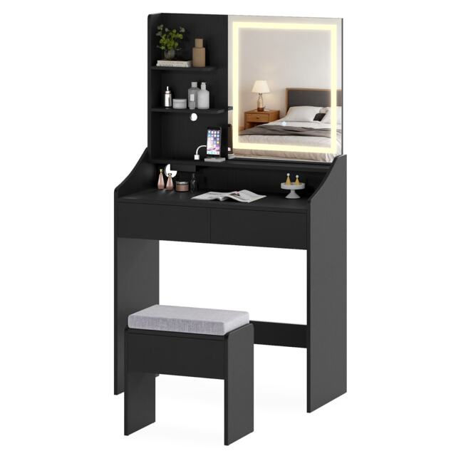COSTWAY Vanity Desk Set with Charging Station and Storage Drawers Black