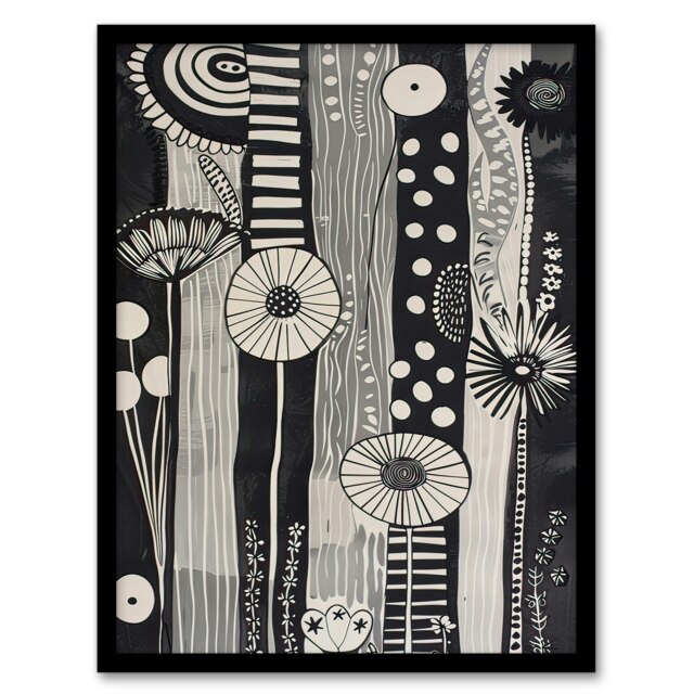 White Abstract Stripes Wildflowers Living Room Black Framed Wall Art Print A4