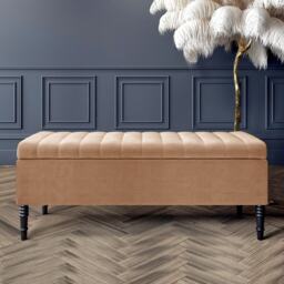 150cm Paris Striped Ottoman Storage Bench -Upholstered Shoes Bench with Black Turned Wooden Legs - Brown Naple Ottoman Bench