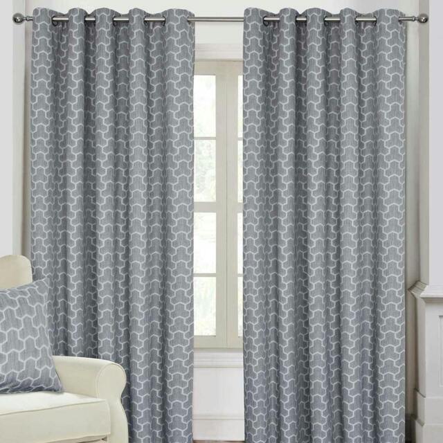 Homescapes Grey Geometric Jacquard Blackout Eyelet Curtain Pair - 90 x 72 Inches Grey Grey