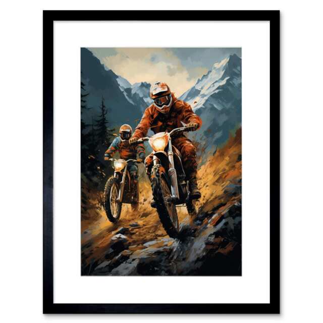 "Motocross Bikers Mountain Racing Action Shot 9x7"" Black Framed Wall Art Print"