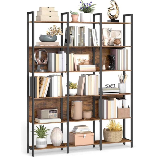 Industrial Bookcase, Kitchen Storage Shelves, 6-Tier Freestanding Display Unit for Living Room, Office and Bedroom, Rustic Brown