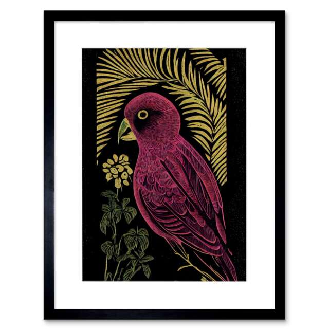 "Parrot Black Gold Aubergine Tropical Plants botanical 9x7"" Black Framed Wall Art Print"