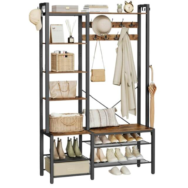 Hall Tree Coat Rack With Shoe Storage Brown Black One Size