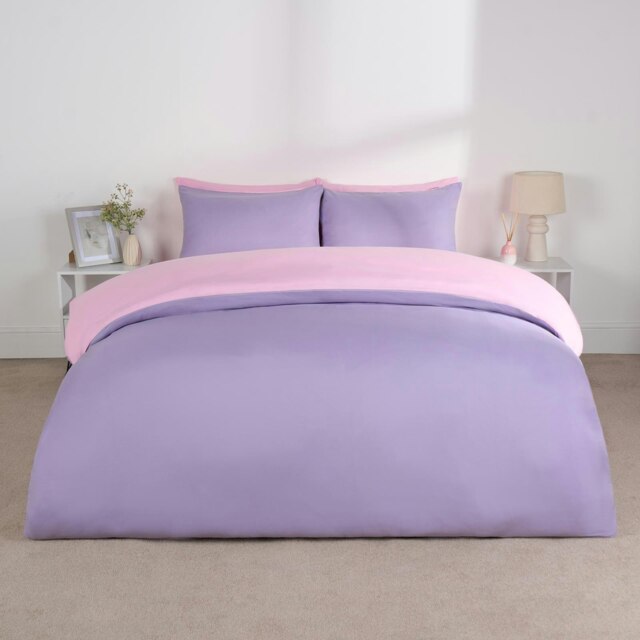 OHS Microfibre Reversible Plain Duvet Cover and Pillowcase Set, Double - Lilac/Pink