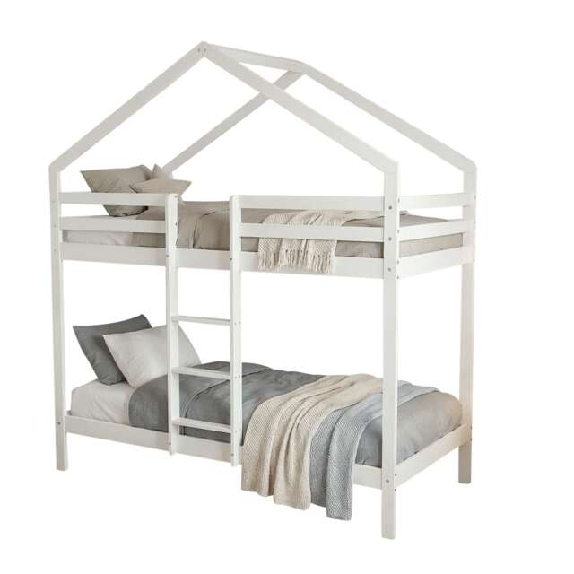 Kirstine 3ft Single Bunk Bed in White - for Childrens Bedroom - Solid Wood Sleeper with Ladder & Safety Rails