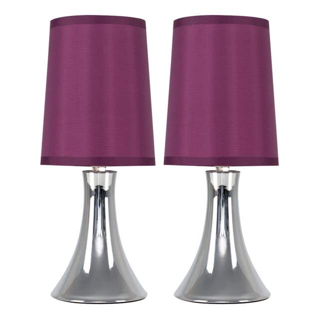 ValueLights Trumpet Pair Silver Touch Table Lamps Purple Shades