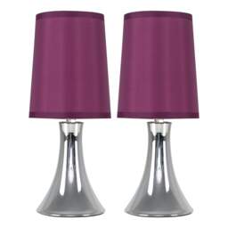 ValueLights Trumpet Pair Silver Touch Table Lamps Purple Shades