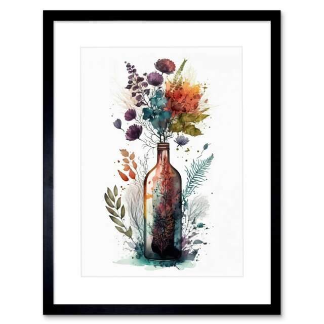 "Wine Bottle Wildflower Floral Spring Bouquet 9x7"" Black Framed Wall Art Print"