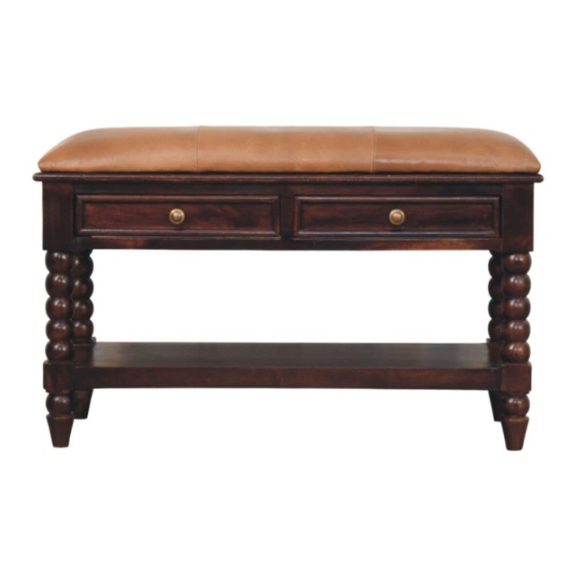 Artisan Furniture Solid Wood Spindle Winewood Leather Bench, 2 Drawers, Brown